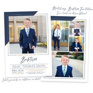 May include: A blue and gold baptism invitation with a photo of a young boy in a suit. The invitation includes the text "Please join us for the Baptism of Isaac Thomas Smith" and the date and time of the event. The invitation also includes the address of the church where the baptism will be held.