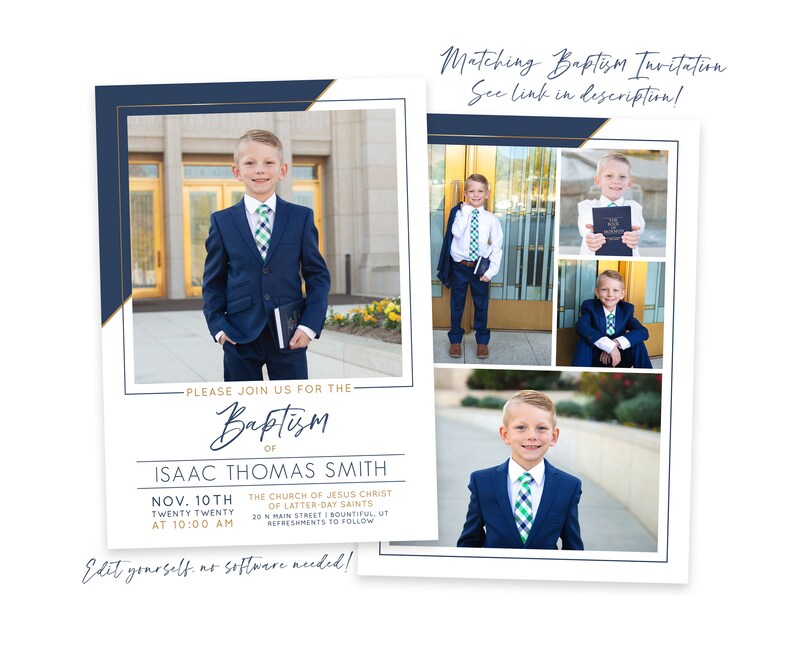May include: A blue and gold baptism invitation with a photo of a young boy in a suit. The invitation includes the text "Please join us for the Baptism of Isaac Thomas Smith" and the date and time of the event. The invitation also includes the address of the church where the baptism will be held.