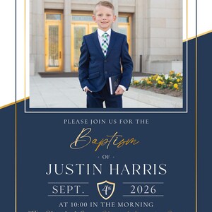 May include: Baptism invitation featuring a young boy in a navy suit, holding a book, standing in front of a building. The invitation text includes "Baptism of Justin Harris" and the date, September 4th, 2026.