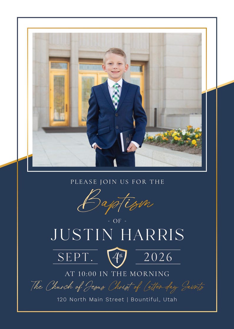 May include: Baptism invitation featuring a young boy in a navy suit, holding a book, standing in front of a building. The invitation text includes "Baptism of Justin Harris" and the date, September 4th, 2026.