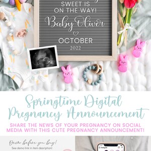 Puede incluir: Una plantilla digital de anuncio de embarazo con un tablero de letras con el texto "Somebunny Sweet is on the Way! Baby Oliver October 2022" rodeado de decoraciones de Pascua de colores pastel.