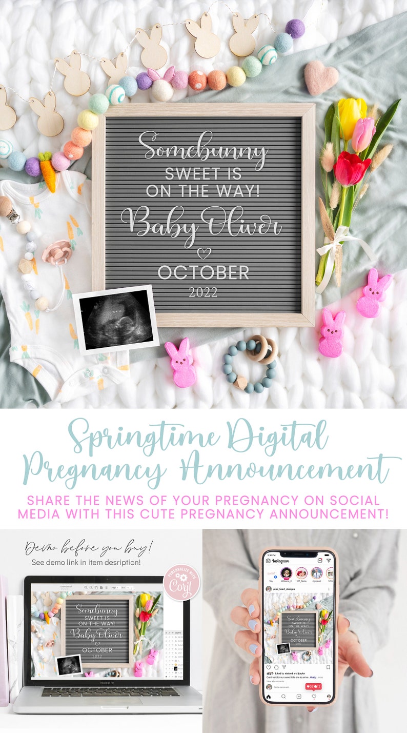 Puede incluir: Una plantilla digital de anuncio de embarazo con un tablero de letras con el texto "Somebunny Sweet is on the Way! Baby Oliver October 2022" rodeado de decoraciones de Pascua de colores pastel.