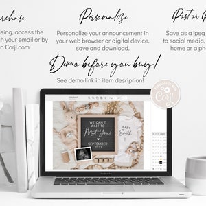 May include: A laptop displays a baby announcement design with the text "We can't wait to meet you!" and "September 2023." The design includes a letterboard, baby clothes, and a sonogram. The laptop is on a white desk.