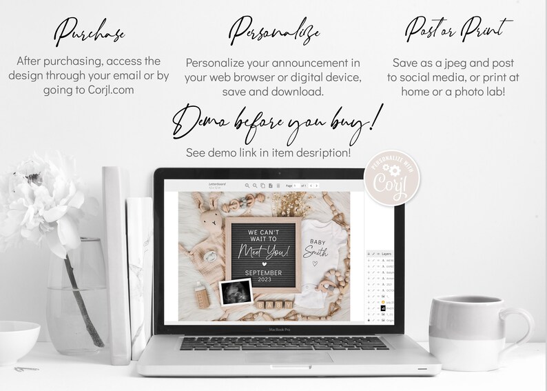 May include: A laptop displays a baby announcement design with the text "We can't wait to meet you!" and "September 2023." The design includes a letterboard, baby clothes, and a sonogram. The laptop is on a white desk.