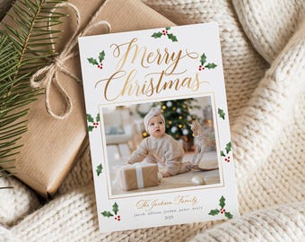 Photo Christmas Card Template: Holly Holiday Card, Editable Canva (Digital Download)