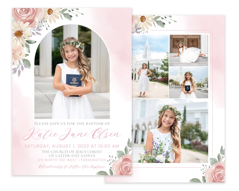 May include: Invitation to a baptism for Katie Jane Olsen, featuring a photo of the girl in a white dress holding a book, and a collage of photos of her at a church. The invitation includes the date, time, and location of the baptism.