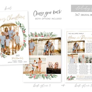 Puede incluir: Una descarga digital para una tarjeta navide&ntilde;a de 5x7 pulgadas con una foto familiar, una corona de acuarela y el texto "Feliz Navidad". La parte posterior de la tarjeta tiene dos opciones: un collage de fotos familiares con una corona de acuarela o una secci&oacute;n "Resumen del a&ntilde;o" con fotos familiares y momentos destacados del a&ntilde;o.