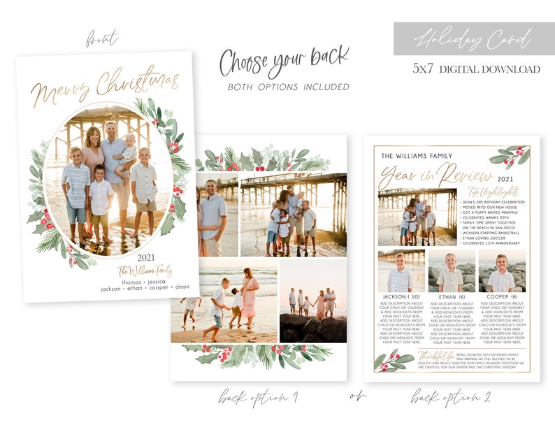 Puede incluir: Una descarga digital para una tarjeta navide&ntilde;a de 5x7 pulgadas con una foto familiar, una corona de acuarela y el texto "Feliz Navidad". La parte posterior de la tarjeta tiene dos opciones: un collage de fotos familiares con una corona de acuarela o una secci&oacute;n "Resumen del a&ntilde;o" con fotos familiares y momentos destacados del a&ntilde;o.