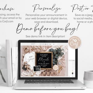 May include: A laptop screen displaying a digital design template for a baby announcement. The design features a white onesie with the text "Baby Johnson", a teddy bear, a chalkboard sign with the text "Our Sweet Little Miracle Is On The Way! September 2024", and other baby-themed decorations. The text "Demo before you buy!" is displayed above the laptop screen.