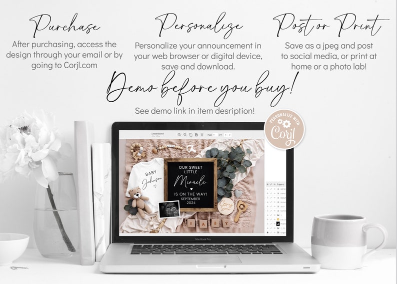 May include: A laptop screen displaying a digital design template for a baby announcement. The design features a white onesie with the text "Baby Johnson", a teddy bear, a chalkboard sign with the text "Our Sweet Little Miracle Is On The Way! September 2024", and other baby-themed decorations. The text "Demo before you buy!" is displayed above the laptop screen.