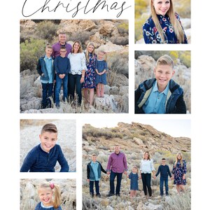 May include: A Christmas card featuring a family of seven posing in front of a rocky landscape. The card includes the text "Merry Christmas" and "The Williams Family 20XX Mike | Jane | Abby | Drew | Justin | Liv".