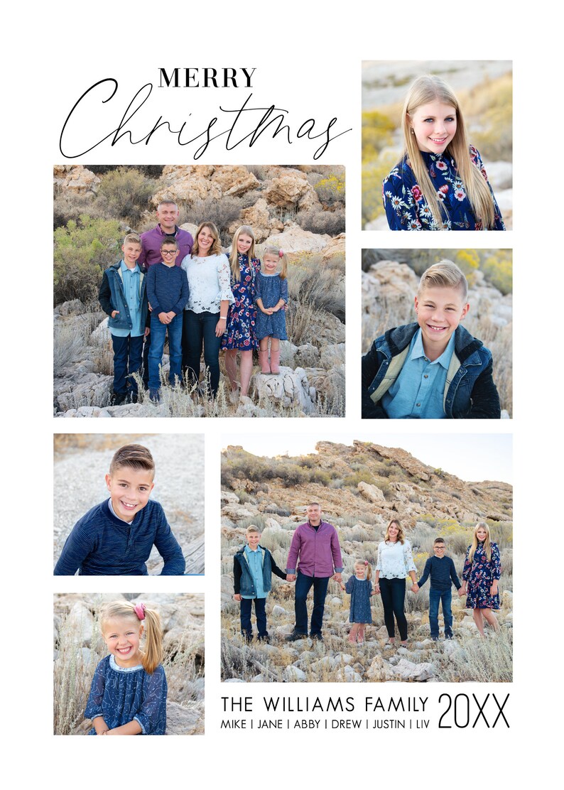 May include: A Christmas card featuring a family of seven posing in front of a rocky landscape. The card includes the text "Merry Christmas" and "The Williams Family 20XX Mike | Jane | Abby | Drew | Justin | Liv".