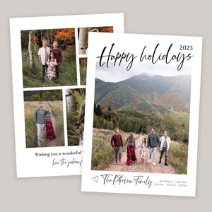 Op de afbeelding: Een kerstkaart met een collage van familiefoto's. De kaart bevat een foto van een familie die op een pad in een berglandschap loopt. De tekst "Happy Holidays 2023" staat in zwarte cursieve letters bovenaan de kaart. De tekst "The Peterson Family" staat in zwarte cursieve letters onderaan de kaart, samen met de namen van de familieleden.