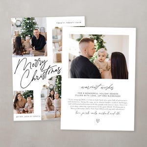 May include: A Christmas card with a collage of family photos. The card has a white background with black text that says "Merry Christmas" and "warmest wishes for a wonderful holiday season filled with love, joy and blessings!" The text also includes the names "garrett, peter & isabella" and "love, jacob emily nicholas and ella".