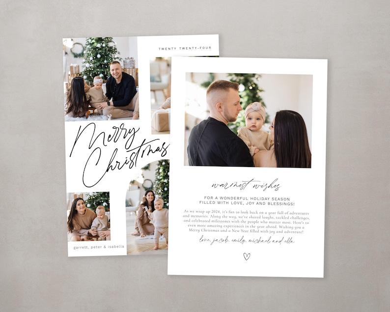 May include: A Christmas card with a collage of family photos. The card has a white background with black text that says "Merry Christmas" and "warmest wishes for a wonderful holiday season filled with love, joy and blessings!" The text also includes the names "garrett, peter & isabella" and "love, jacob emily nicholas and ella".