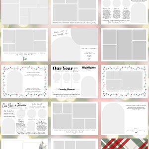 May include: A set of printable card back designs for a year in review. The designs feature different layouts with photo spaces, text boxes, and festive Christmas themes. The text includes "Our Year in Review", "Highlights", and "Favorite Moment".