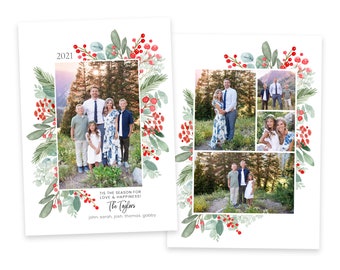 Floral Christmas Photo Card Template: 5x7 Editable Photoshop Card