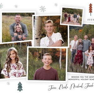May include: A Christmas card featuring a collage of family photos with a white background and festive green and red illustrations of snowflakes and Christmas trees. The text "the steed family" is written vertically on the left side of the card. The text "2023" is written in the top right corner of the card. The text "Wishing you the most wonderful holiday season!" is written in the bottom center of the card. The text "Jason. Nicole. Michael. Finch & Olivia" is written in the bottom right corner of the card.