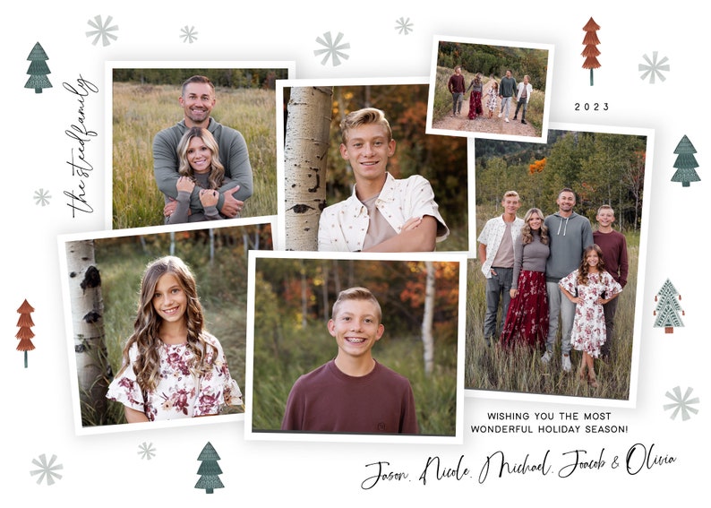 May include: A Christmas card featuring a collage of family photos with a white background and festive green and red illustrations of snowflakes and Christmas trees. The text "the steed family" is written vertically on the left side of the card. The text "2023" is written in the top right corner of the card. The text "Wishing you the most wonderful holiday season!" is written in the bottom center of the card. The text "Jason. Nicole. Michael. Finch & Olivia" is written in the bottom right corner of the card.