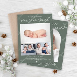 May include: A green and white plaid Christmas card with a photo of a newborn baby boy. The card reads "We joyfully introduce Max Sean Smith" and "December 1, 2022, 7 pounds 8 ounces, 21 inches. Welcomed with love by Brian, Molly, Zach & Macy.  Our family, twenty twenty-two."