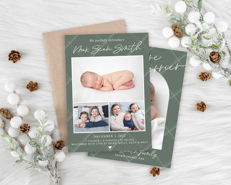 May include: A green and white plaid Christmas card with a photo of a newborn baby boy. The card reads "We joyfully introduce Max Sean Smith" and "December 1, 2022, 7 pounds 8 ounces, 21 inches. Welcomed with love by Brian, Molly, Zach & Macy.  Our family, twenty twenty-two."