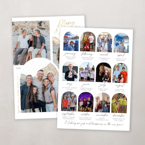 May include: A white and gold Christmas card with a collage of family photos from the year. The photos are arranged in a calendar format, with each month represented by a different photo. The card includes the text "Merry & Bright" and "Wishing you joy and happiness in the new year!"