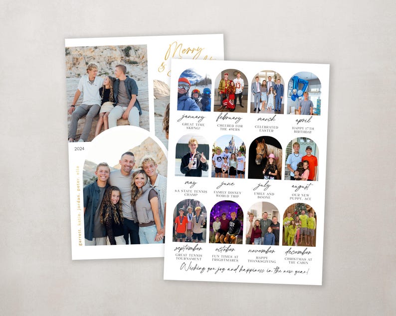 May include: A white and gold Christmas card with a collage of family photos from the year. The photos are arranged in a calendar format, with each month represented by a different photo. The card includes the text "Merry & Bright" and "Wishing you joy and happiness in the new year!"
