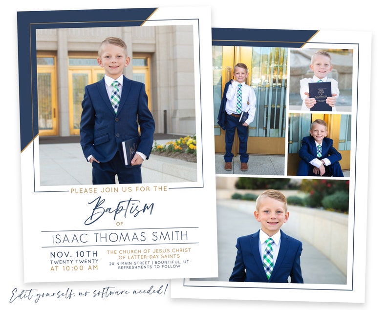 May include: Baptism invitation featuring a young boy in a navy blue suit and green plaid tie. The invitation includes the text "Please join us for the Baptism of Isaac Thomas Smith" with date, time, and location details. The design has a navy and gold border.