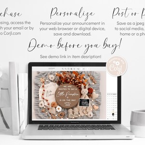 May include: A laptop screen displaying a digital design for a baby announcement. The design features a brown wooden circle with the text "We are excited to say a little pumpkin is on the way April 2025". The design also includes a baby onesie, a stuffed bunny, and a small pumpkin.