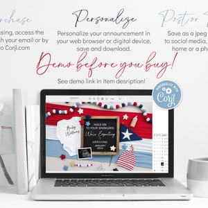 Puede incluir: Una pantalla de computadora port&aacute;til que muestra una plantilla de dise&ntilde;o digital para un anuncio de nacimiento. El dise&ntilde;o presenta un esquema de color rojo, blanco y azul con estrellas y rayas. El texto en la pantalla dice "&iexcl;Ag&aacute;rrense a sus chispas! Estamos esperando... Llegando en enero de 2024".