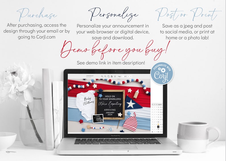 Puede incluir: Una pantalla de computadora port&aacute;til que muestra una plantilla de dise&ntilde;o digital para un anuncio de nacimiento. El dise&ntilde;o presenta un esquema de color rojo, blanco y azul con estrellas y rayas. El texto en la pantalla dice "&iexcl;Ag&aacute;rrense a sus chispas! Estamos esperando... Llegando en enero de 2024".