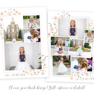 Puede incluir: Un collage de fotos con una ni&ntilde;a peque&ntilde;a con un vestido blanco sosteniendo un libro. Las fotos est&aacute;n dispuestas en una cuadr&iacute;cula con un borde floral. El texto "I Am a Child of God" est&aacute; impreso en la parte inferior del collage.