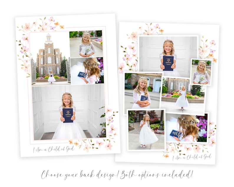 Puede incluir: Un collage de fotos con una ni&ntilde;a peque&ntilde;a con un vestido blanco sosteniendo un libro. Las fotos est&aacute;n dispuestas en una cuadr&iacute;cula con un borde floral. El texto "I Am a Child of God" est&aacute; impreso en la parte inferior del collage.