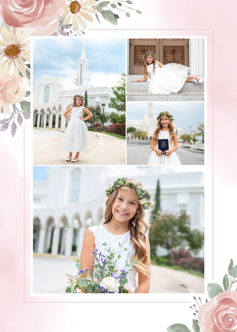 May include: A young girl in a white dress and flower crown poses in front of a white building. She is holding a bouquet of flowers and a book. The building has a tall spire and is surrounded by trees.