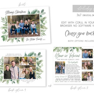 May include: A digital download for a 5x7 holiday card with a green leafy border. The front of the card has a photo of a family in front of a Christmas tree. The back of the card has two options: one with a collage of family photos and the other with a year in review section. The text on the card reads "Merry Christmas" and "The Miller Family 2021".
