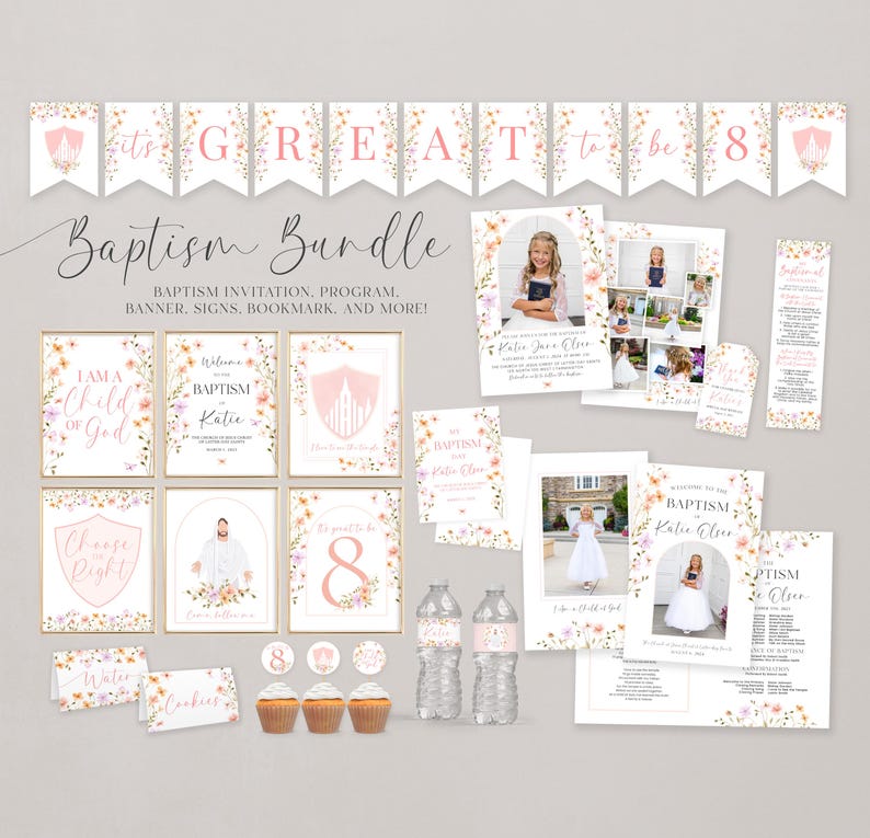 May include: A pink and white floral themed baptism party bundle with a banner, signs, invitations, and more. The bundle includes a sign that says "I am a child of God", a sign that says "Choose Right", a sign that says "Welcome to the Baptism of Katie", a sign that says "It's Great to be 8", a sign that says "My Baptism Katie Olur", a sign that says "Welcome to the Baptism of Katie Olur", a program, a bookmark, and water bottle labels.