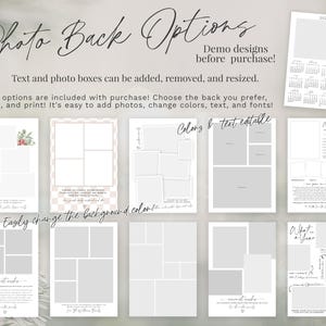 May include: A set of 10 printable photo back templates for a scrapbook or photo album. The templates feature different layouts with photo boxes and text boxes. The text is editable and the background color can be changed. The templates are designed for a year in review, with titles like "What a Year" and "The Anderson Family".