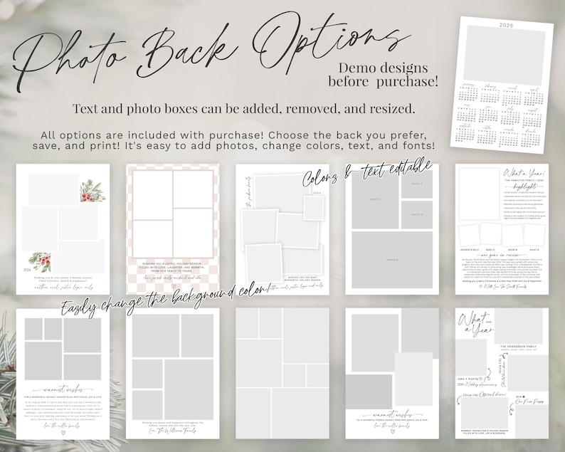 May include: A set of 10 printable photo back templates for a scrapbook or photo album. The templates feature different layouts with photo boxes and text boxes. The text is editable and the background color can be changed. The templates are designed for a year in review, with titles like "What a Year" and "The Anderson Family".