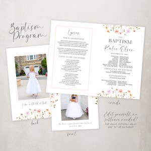 May include: A printable baptism programme with a floral design. The programme includes the order of service, lyrics, and a photo of the child being baptised. The text on the programme reads "The Baptism of Katie Olsen, September 5th, 2023".