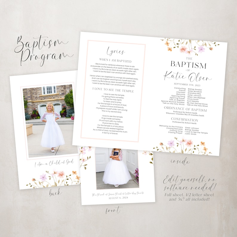May include: A printable baptism programme with a floral design. The programme includes the order of service, lyrics, and a photo of the child being baptised. The text on the programme reads "The Baptism of Katie Olsen, September 5th, 2023".