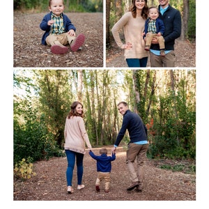 May include: A family of three poses for a holiday photo in a wooded area. The parents are wearing casual clothing, and the child is wearing a blue shirt and jeans. The family is standing on a path in the woods, with trees and leaves in the background.