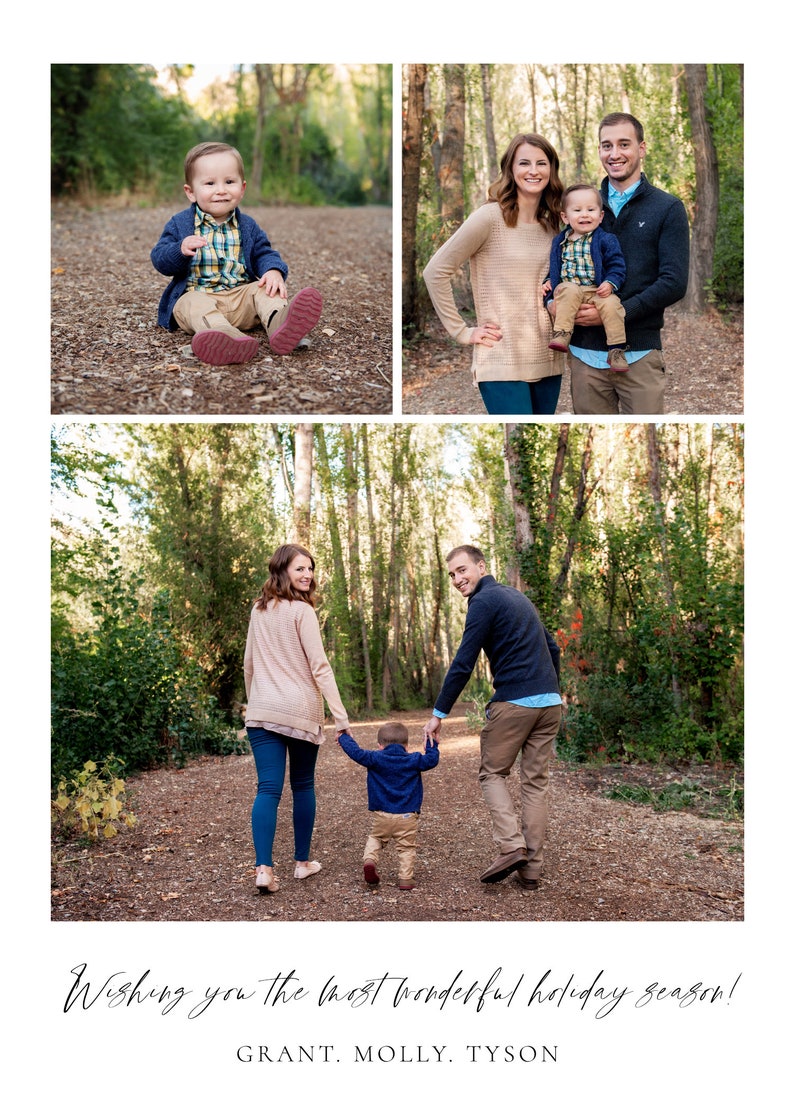 May include: A family of three poses for a holiday photo in a wooded area. The parents are wearing casual clothing, and the child is wearing a blue shirt and jeans. The family is standing on a path in the woods, with trees and leaves in the background.