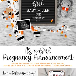 Puede incluir: Un anuncio de embarazo con tem&aacute;tica de Halloween con un tablero de letras negro que dice "It's a BOO-tiful Girl Baby Miller Due February 2023". El tablero de letras est&aacute; rodeado de un mameluco para beb&eacute;, una foto de sonograma, un elefante de crochet y ma&iacute;z dulce.