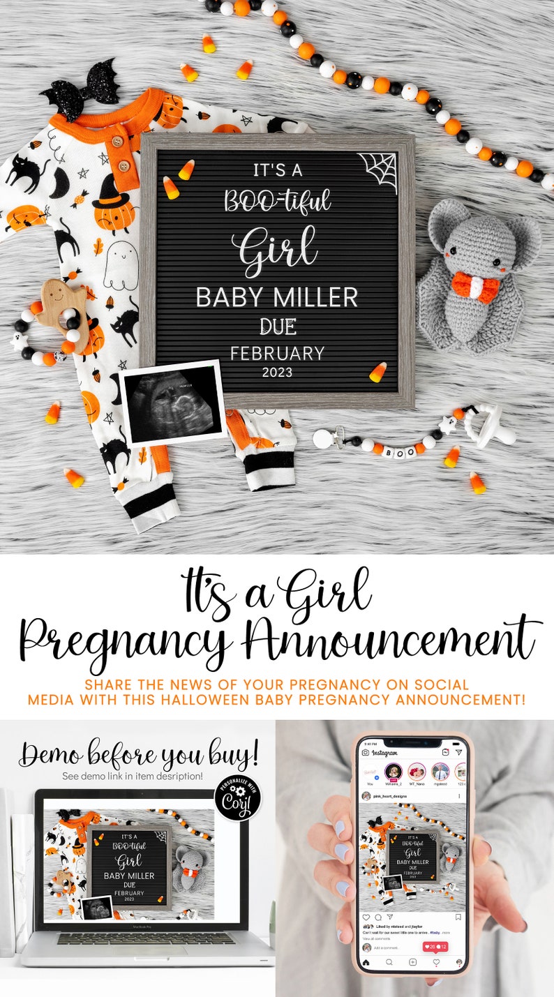 Puede incluir: Un anuncio de embarazo con tem&aacute;tica de Halloween con un tablero de letras negro que dice "It's a BOO-tiful Girl Baby Miller Due February 2023". El tablero de letras est&aacute; rodeado de un mameluco para beb&eacute;, una foto de sonograma, un elefante de crochet y ma&iacute;z dulce.