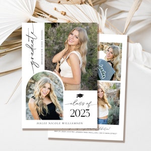 May include: A graduation announcement for Halee Nicole Williamson, class of 2023, from Bridgerton High School. The announcement features a photo collage of the graduate in different poses, with the text "graduate", "leader", and "class of 2023" superimposed on the images. The announcement also includes the date, time, and location of the graduation ceremony.