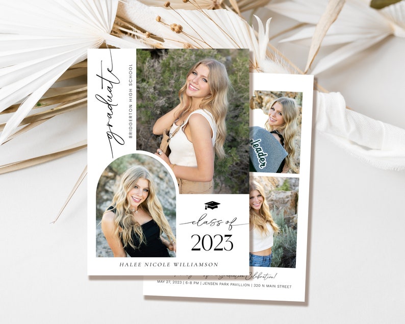 May include: A graduation announcement for Halee Nicole Williamson, class of 2023, from Bridgerton High School. The announcement features a photo collage of the graduate in different poses, with the text "graduate", "leader", and "class of 2023" superimposed on the images. The announcement also includes the date, time, and location of the graduation ceremony.
