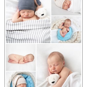 May include: A collage of six images featuring a newborn baby in various poses. The baby is wearing a white hat and a white blanket in some images, and a gray hat and a striped blanket in others. The baby is also holding a white teddy bear in one image.