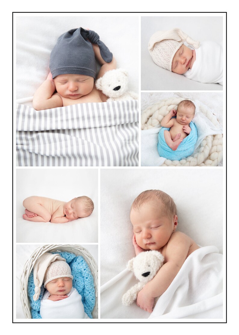 May include: A collage of six images featuring a newborn baby in various poses. The baby is wearing a white hat and a white blanket in some images, and a gray hat and a striped blanket in others. The baby is also holding a white teddy bear in one image.