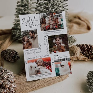 May include: A white card with a collage of family photos and a handwritten message that says "What a Year 2024". The photos show a family with two young children and their dog. The text also includes the family name, "The Henderson Family", and details about the year, such as "12 Years Married" and "Loving Preschool".