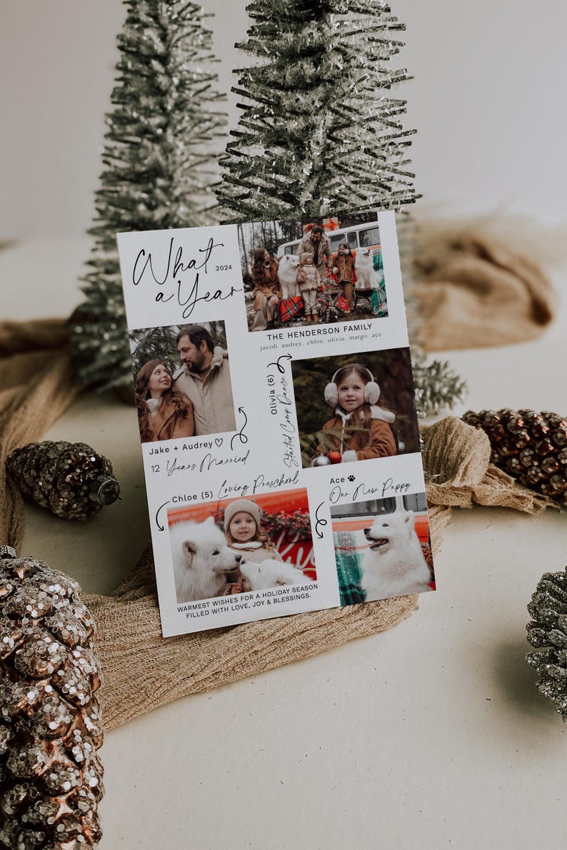 May include: A white card with a collage of family photos and a handwritten message that says "What a Year 2024". The photos show a family with two young children and their dog. The text also includes the family name, "The Henderson Family", and details about the year, such as "12 Years Married" and "Loving Preschool".